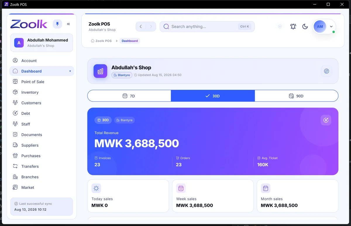 Zoolk POS dashboard showing total revenue, invoices, orders, and average ticket